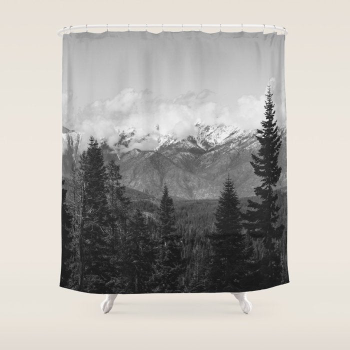 Snow Capped Sierras - Black and White Nature Photography Shower Curtain Gallery Image 1