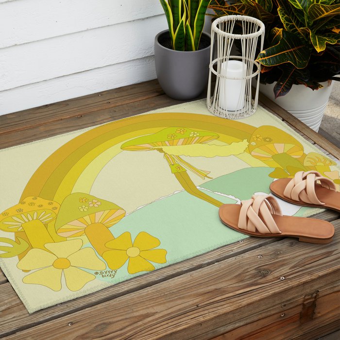 Mushy mushroom longboard surf retro floral daydreams by surfy birdy Outdoor Rug Gallery Image 2