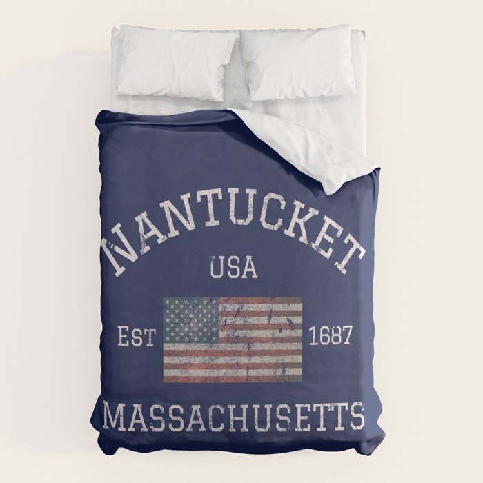 Nantucket Massachusetts Cape Cod American Flag USA Vintage Print Duvet Cover Gallery Image 1