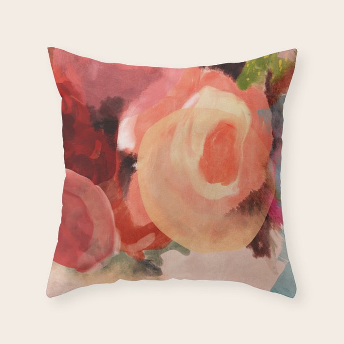 pink summer roses 2 triptych abstract Throw Pillow Gallery Image 1