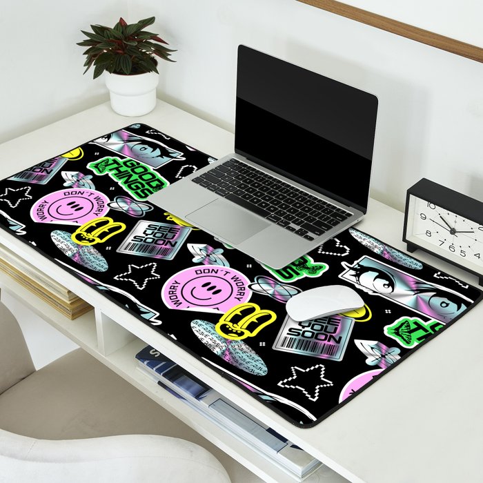 Retro holographic Y2K sticker pattern Desk Mat Gallery Image 2