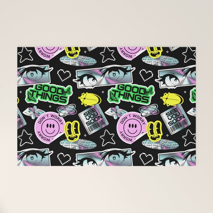 Retro holographic Y2K sticker pattern Welcome Mat Gallery Image 1
