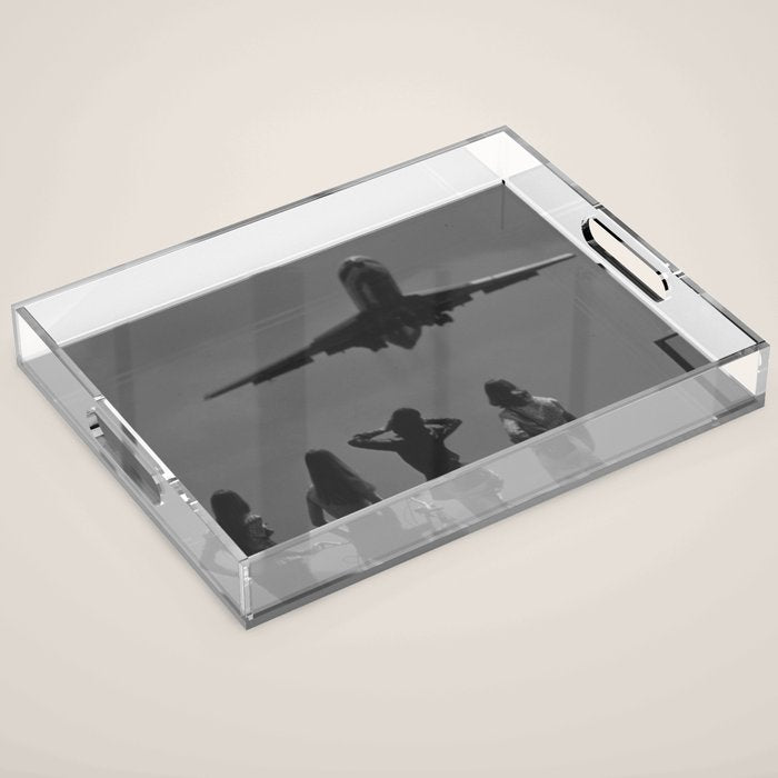 Steady As She Goes 31 aircraft coming in for a landing black and white photography- photographs Acrylic Tray Gallery Image 1