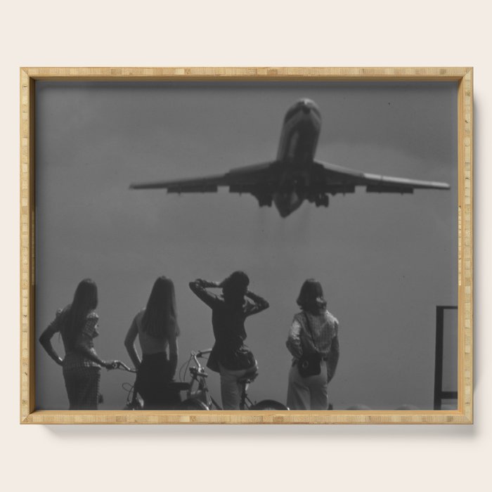 Steady As She Goes 31 aircraft coming in for a landing black and white photography- photographs Serving Tray Gallery Image 1