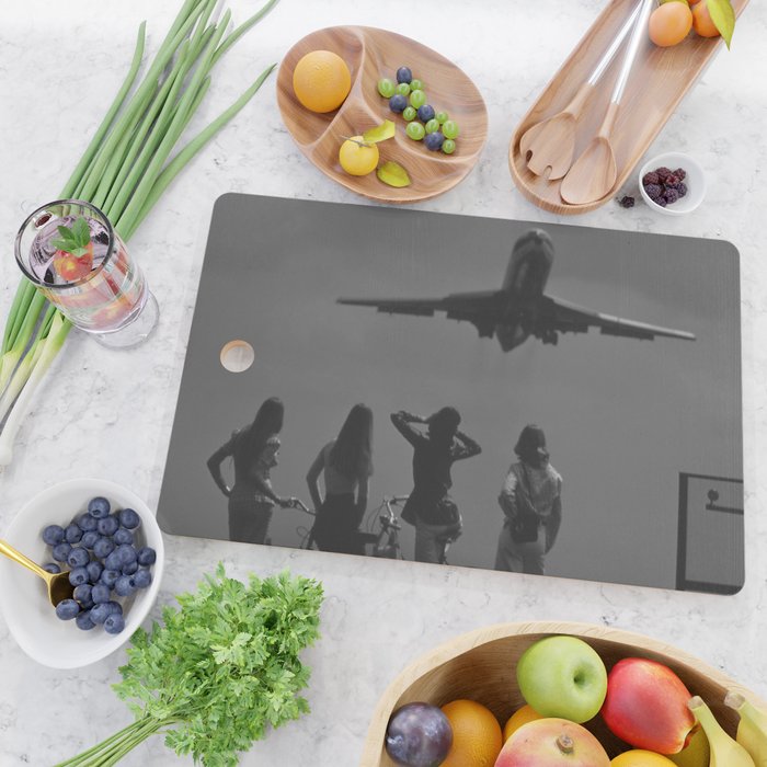 Steady As She Goes 31 aircraft coming in for a landing black and white photography- photographs Cutting Board Gallery Image 2