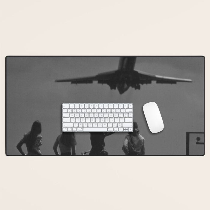 Steady As She Goes 31 aircraft coming in for a landing black and white photography- photographs Desk Mat Gallery Image 1