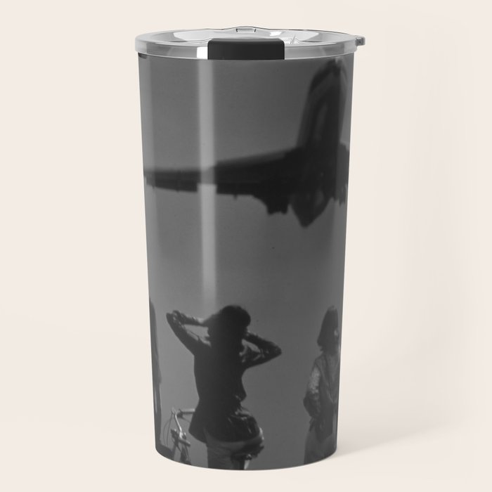 Steady As She Goes 31 aircraft coming in for a landing black and white photography- photographs Travel Mug Gallery Image 1