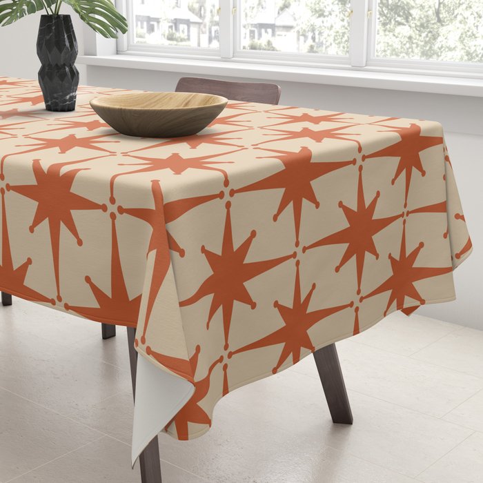 Midcentury Modern Atomic Starburst Pattern Mid Mod Burnt Orange and Beige Tablecloth Gallery Image 3