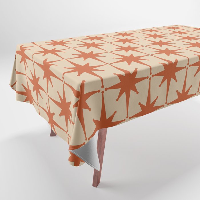 Midcentury Modern Atomic Starburst Pattern Mid Mod Burnt Orange and Beige Tablecloth Gallery Image 1