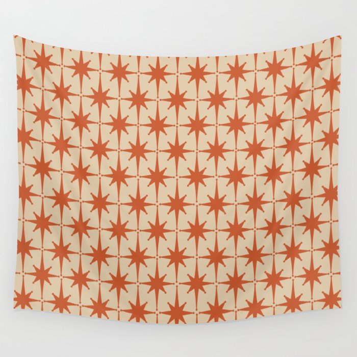 Midcentury Modern Atomic Starburst Pattern Mid Mod Burnt Orange and Beige Wall Tapestry Gallery Image 1