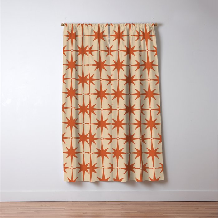 Midcentury Modern Atomic Starburst Pattern Mid Mod Burnt Orange and Beige Window Curtain Gallery Image 3