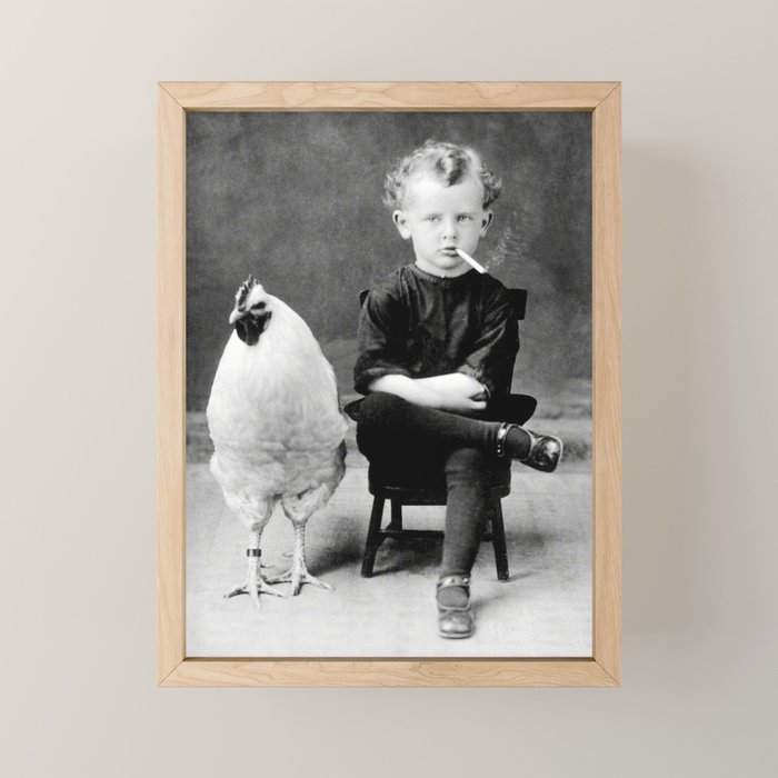 Smoking Boy with Chicken black and white photograph - photography - photographs Mini Art Print Gallery Image 1
