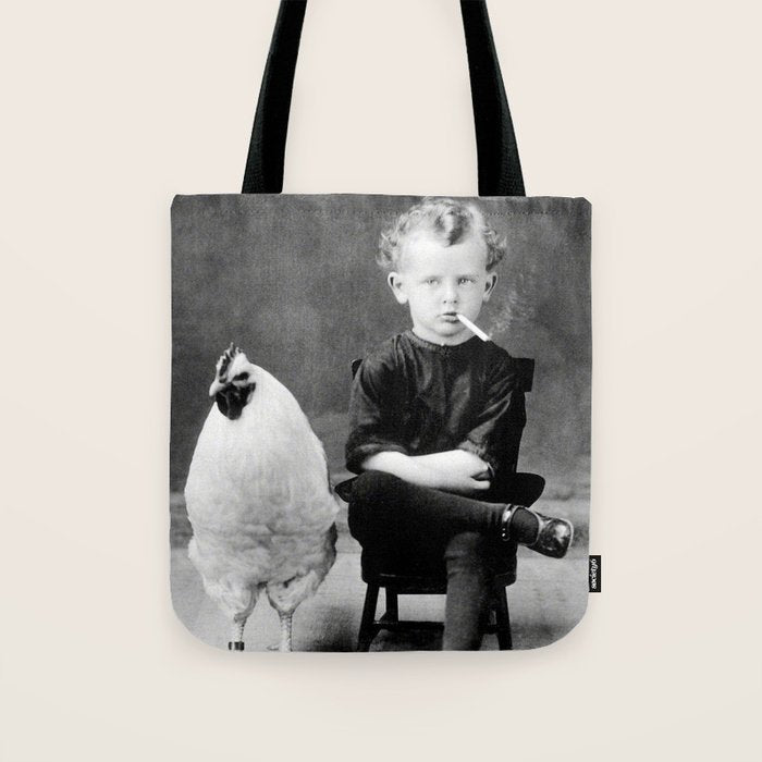 Smoking Boy with Chicken black and white photograph - photography - photographs Tote Bag Gallery Image 1