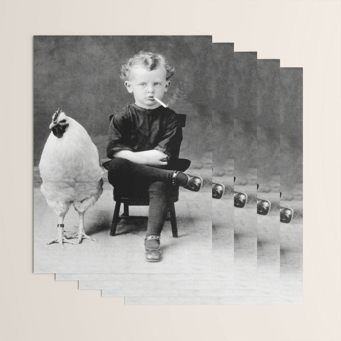 Smoking Boy with Chicken black and white photograph - photography - photographs Wrapping Paper Gallery Image 3
