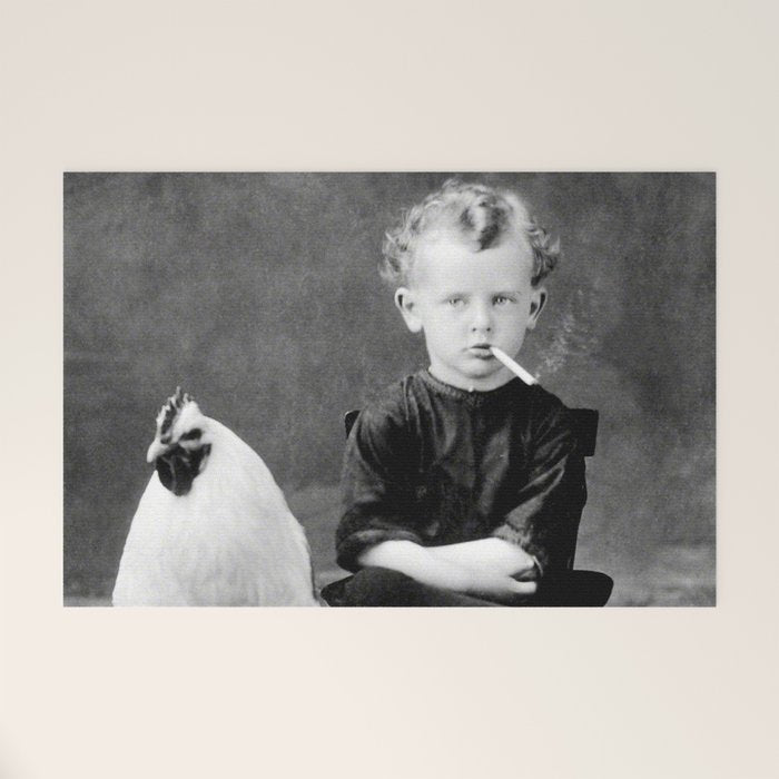 Smoking Boy with Chicken black and white photograph - photography - photographs Welcome Mat Gallery Image 1