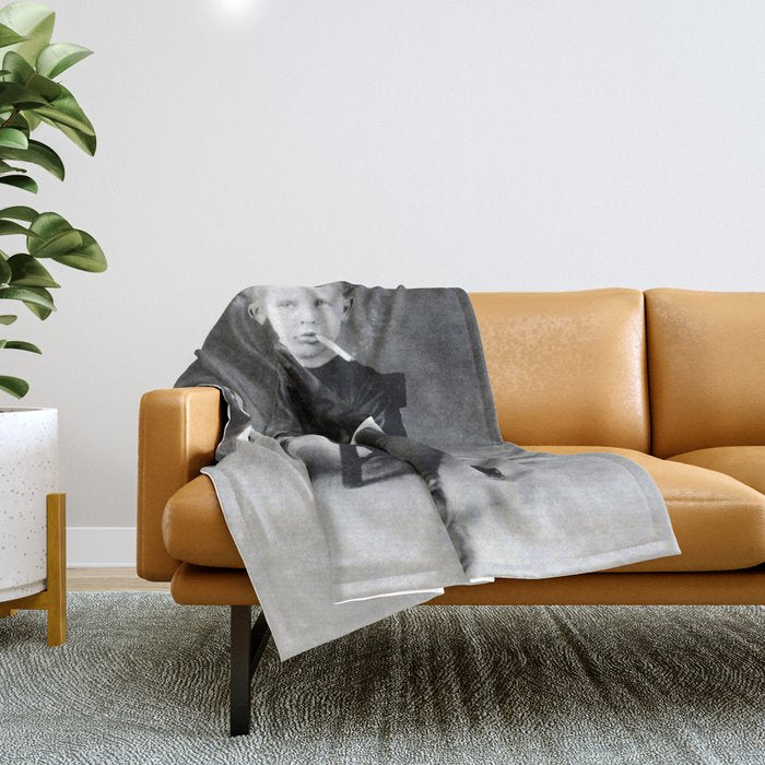 Smoking Boy with Chicken black and white photograph - photography - photographs Throw Blanket Gallery Image 1