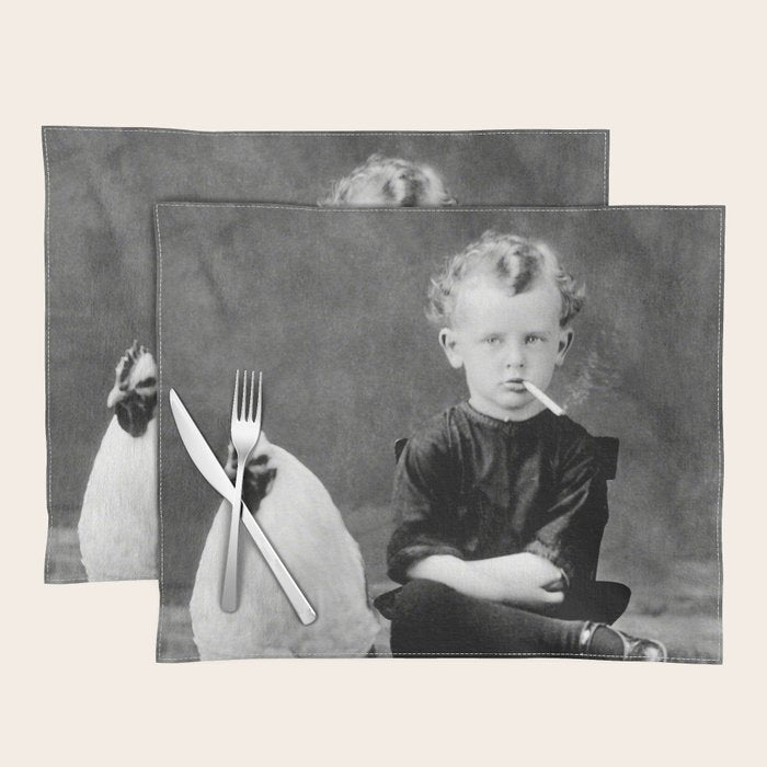 Smoking Boy with Chicken black and white photograph - photography - photographs Placemat Gallery Image 1