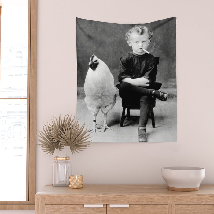 Smoking Boy with Chicken black and white photograph - photography - photographs Wall Tapestry Gallery Image 2