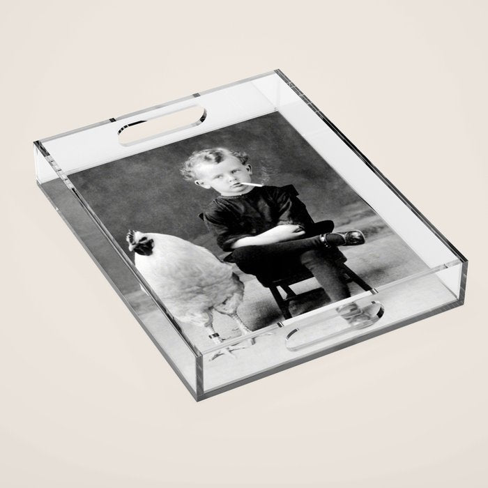 Smoking Boy with Chicken black and white photograph - photography - photographs Acrylic Tray Gallery Image 1