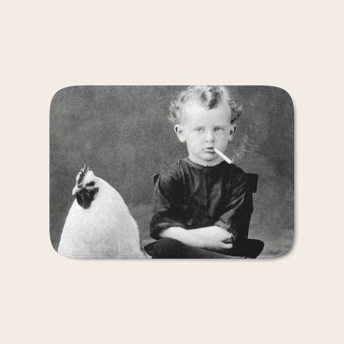 Smoking Boy with Chicken black and white photograph - photography - photographs Bath Mat Gallery Image 1