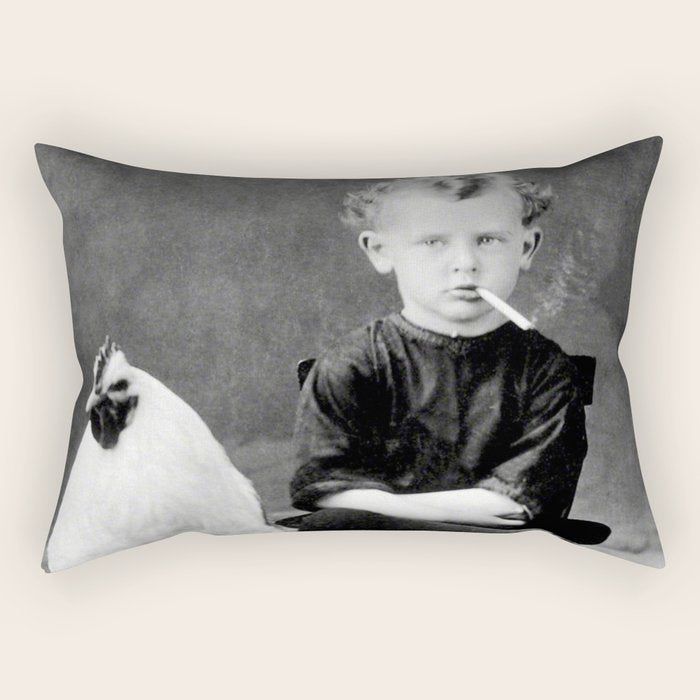 Smoking Boy with Chicken black and white photograph - photography - photographs Rectangular Pillow Gallery Image 1