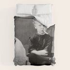 Smoking Boy with Chicken black and white photograph - photography - photographs Duvet Cover Gallery Image 6