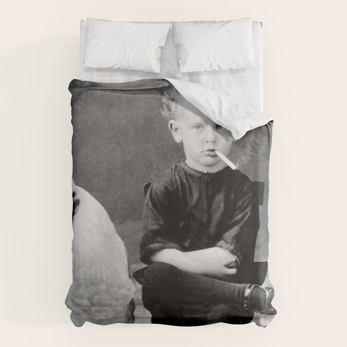 Smoking Boy with Chicken black and white photograph - photography - photographs Duvet Cover Gallery Image 1
