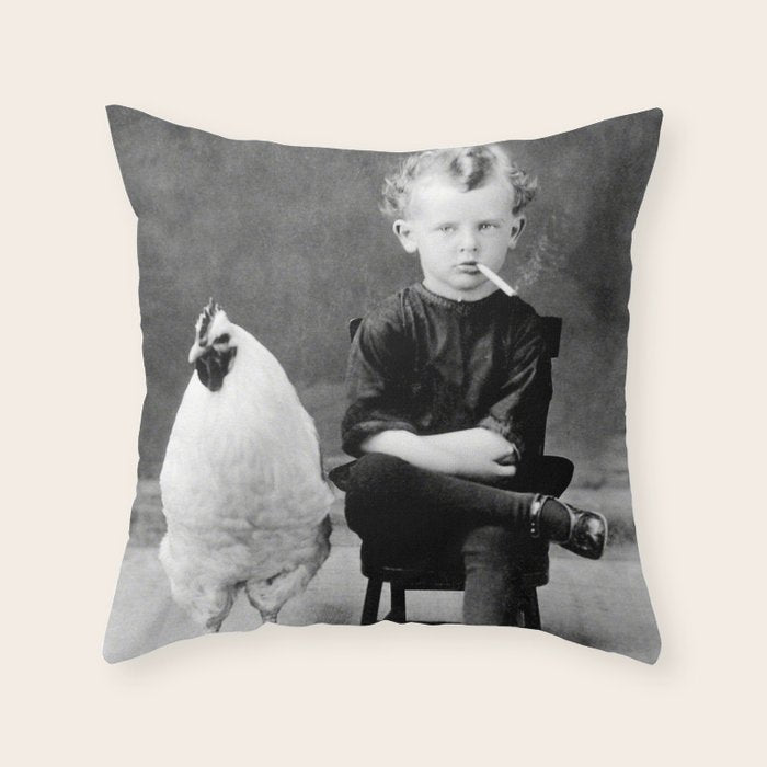 Smoking Boy with Chicken black and white photograph - photography - photographs Throw Pillow Gallery Image 6