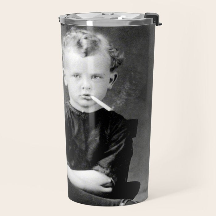 Smoking Boy with Chicken black and white photograph - photography - photographs Travel Mug Gallery Image 2