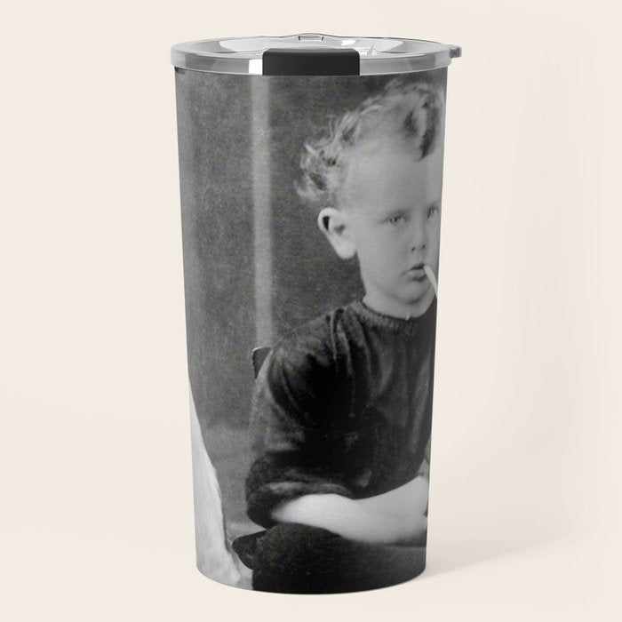 Smoking Boy with Chicken black and white photograph - photography - photographs Travel Mug Gallery Image 1