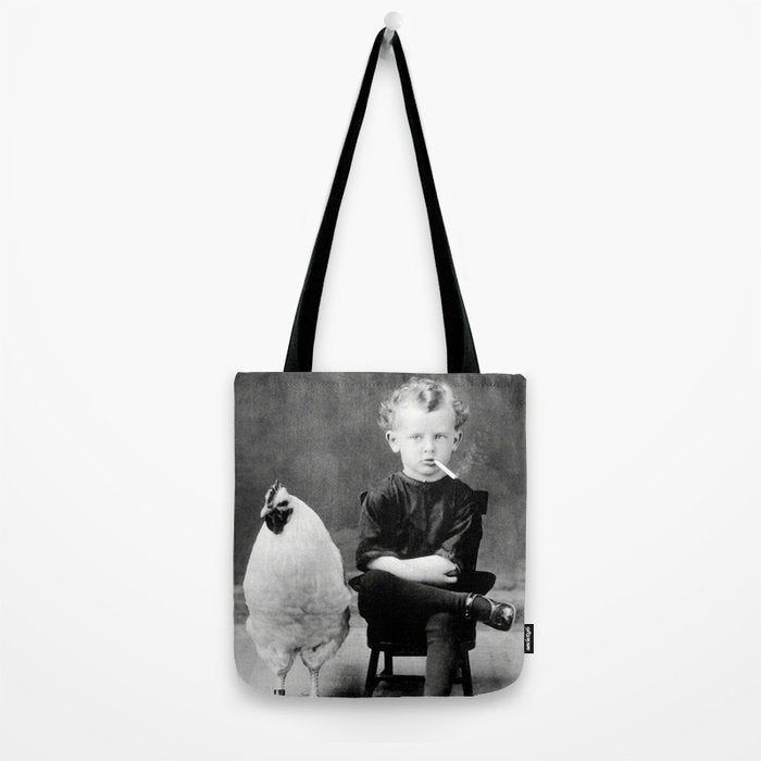 Smoking Boy with Chicken black and white photograph - photography - photographs Tote Bag Gallery Image 2