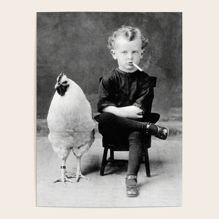 Smoking Boy with Chicken black and white photograph - photography - photographs Poster Gallery Image 4