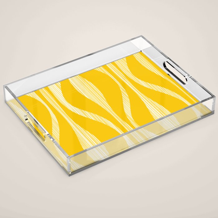 Mid Century Modern Abstract Lounge Striped Ogee Pattern in Yellow and White  Acrylic Tray Gallery Image 1