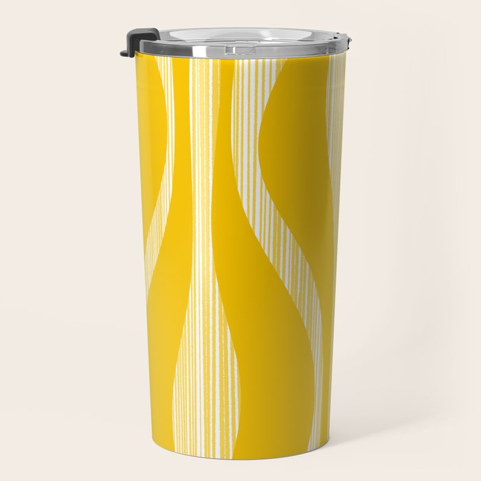 Mid Century Modern Abstract Lounge Striped Ogee Pattern in Yellow and White  Travel Mug Gallery Image 3