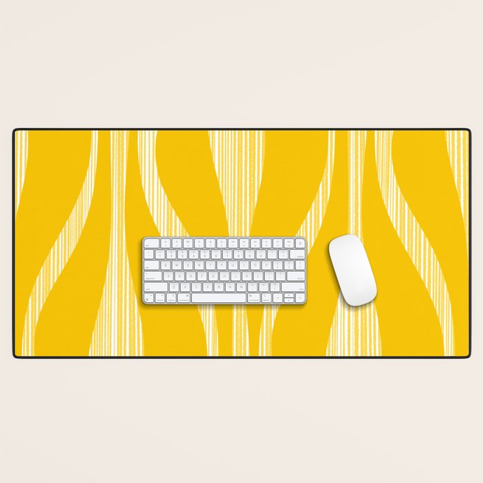 Mid Century Modern Abstract Lounge Striped Ogee Pattern in Yellow and White  Desk Mat Gallery Image 1
