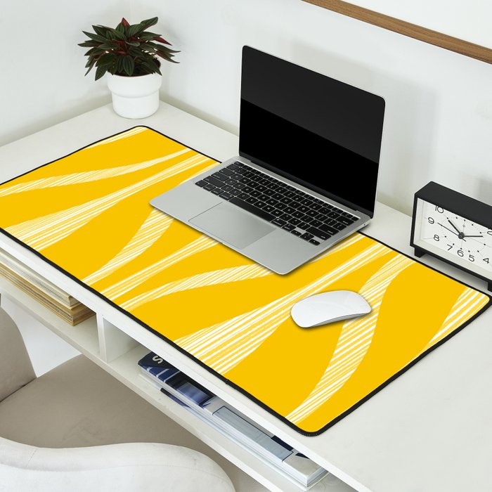 Mid Century Modern Abstract Lounge Striped Ogee Pattern in Yellow and White  Desk Mat Gallery Image 2