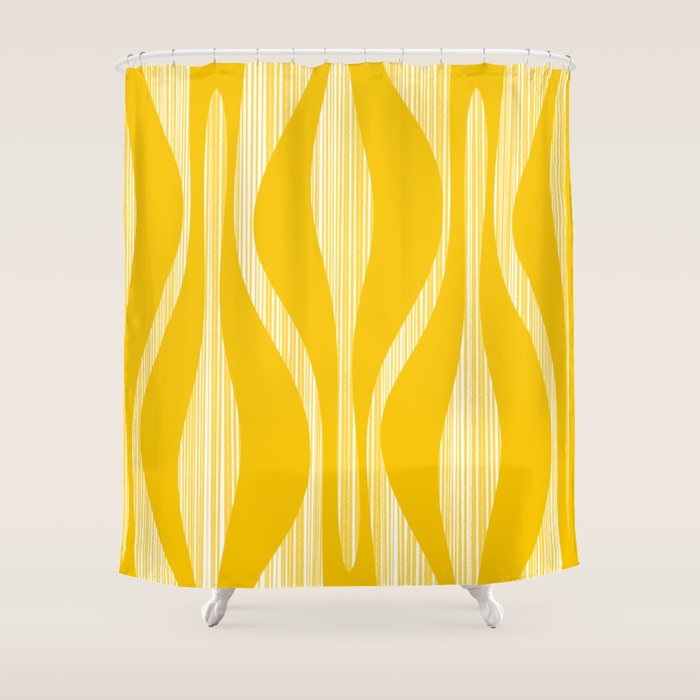 Mid Century Modern Abstract Lounge Striped Ogee Pattern in Yellow and White  Shower Curtain Gallery Image 1
