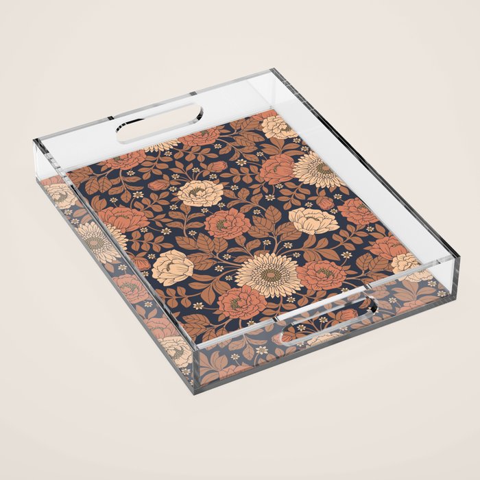 Peach, Dusty Rose, Mauve & Blue-Gray Floral Pattern Acrylic Tray Gallery Image 1