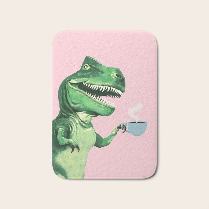 T-Rex Enjoying Coffee in Pink Bath Mat Gallery Image 1