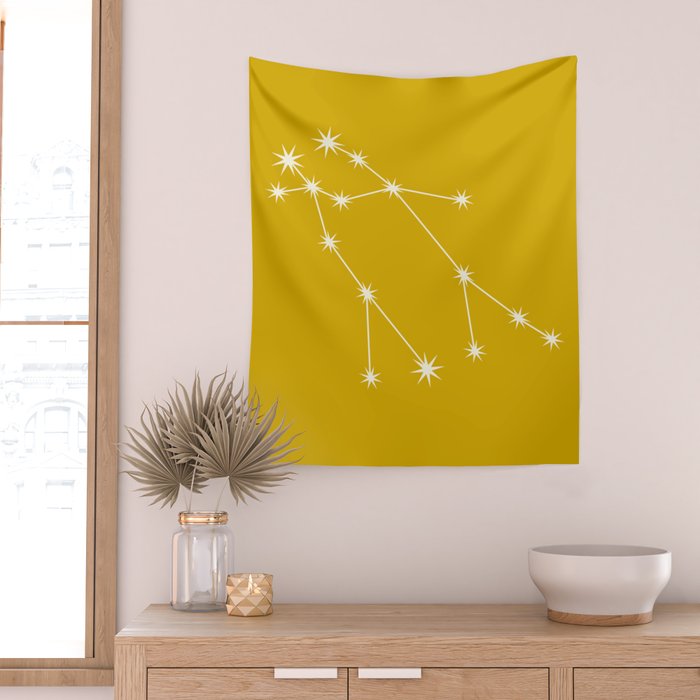 Gemini Zodiac Star Constellation Line Art Golden Yellow Wall Tapestry Gallery Image 2