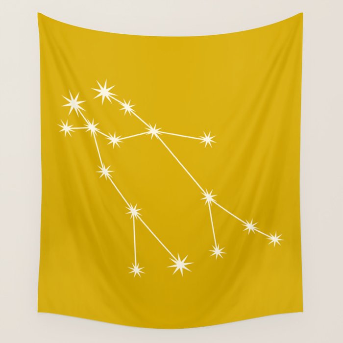 Gemini Zodiac Star Constellation Line Art Golden Yellow Wall Tapestry Gallery Image 1