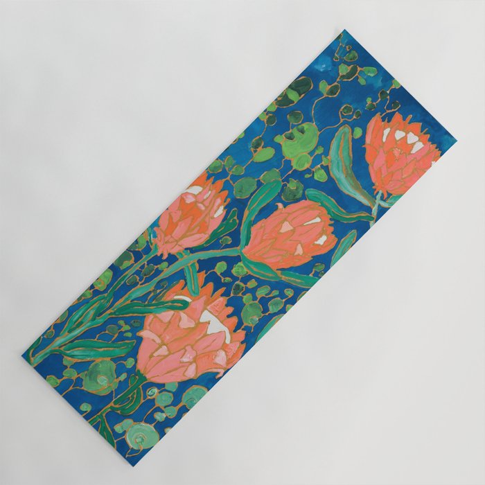 Coral Proteas on Blue Pattern Painting Yoga Mat Gallery Image 1