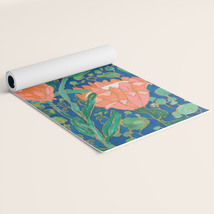 Coral Proteas on Blue Pattern Painting Yoga Mat Gallery Image 2
