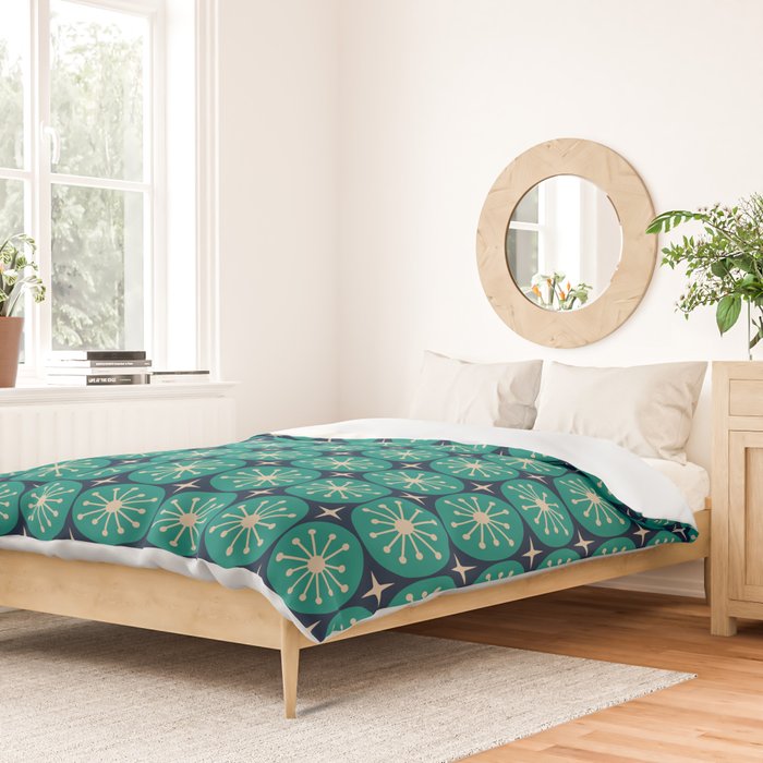 Mid Century Modern Atomic Dots and Stars Retro Pattern 2 in Mid Mod Teal Turquoise Navy Blue Beige Duvet Cover Gallery Image 2