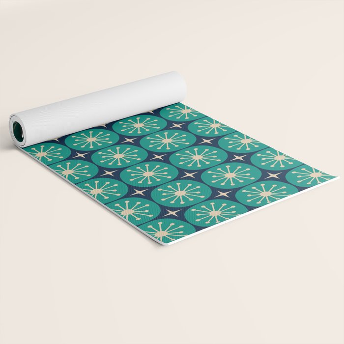 Mid Century Modern Atomic Dots and Stars Retro Pattern 2 in Mid Mod Teal Turquoise Navy Blue Beige Yoga Mat Gallery Image 2