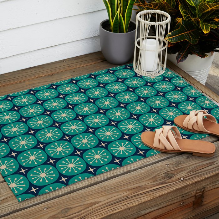 Mid Century Modern Atomic Dots and Stars Retro Pattern 2 in Mid Mod Teal Turquoise Navy Blue Beige Outdoor Rug Gallery Image 2