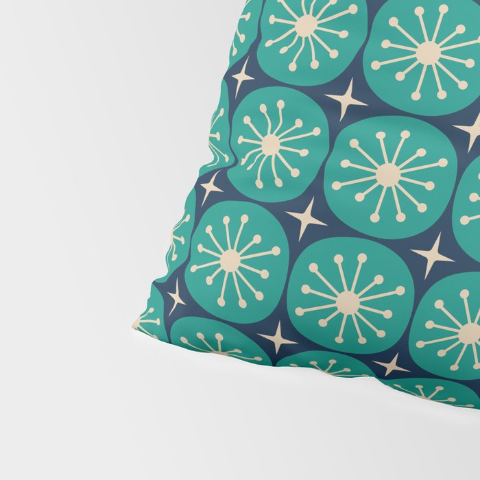 Mid Century Modern Atomic Dots and Stars Retro Pattern 2 in Mid Mod Teal Turquoise Navy Blue Beige Pillow Sham Gallery Image 4
