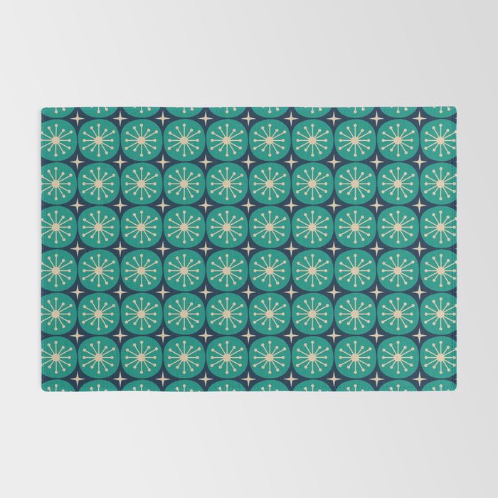 Mid Century Modern Atomic Dots and Stars Retro Pattern 2 in Mid Mod Teal Turquoise Navy Blue Beige Rug Gallery Image 2