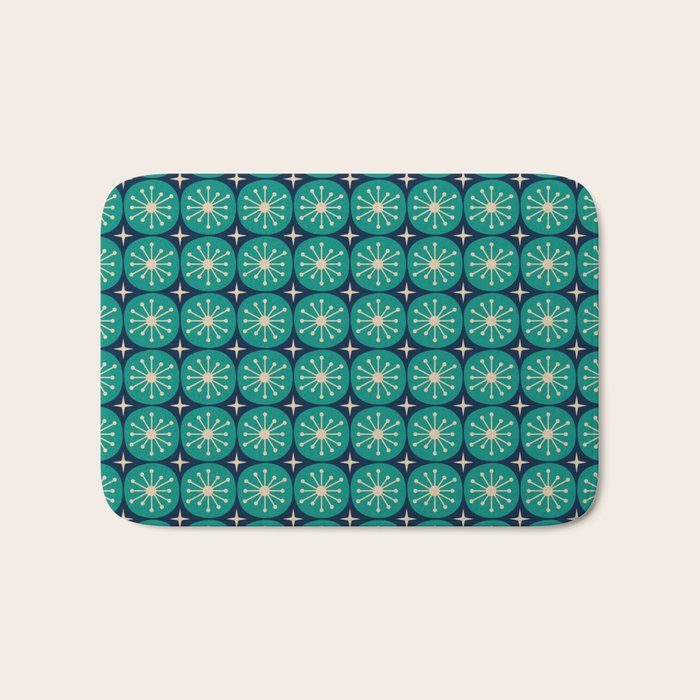 Mid Century Modern Atomic Dots and Stars Retro Pattern 2 in Mid Mod Teal Turquoise Navy Blue Beige Bath Mat Gallery Image 1