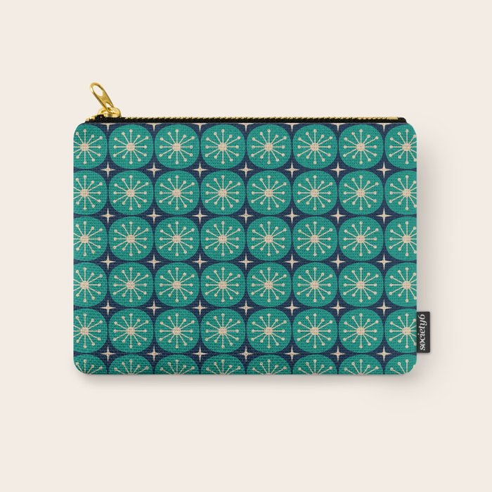 Mid Century Modern Atomic Dots and Stars Retro Pattern 2 in Mid Mod Teal Turquoise Navy Blue Beige Carry All Pouch Gallery Image 1